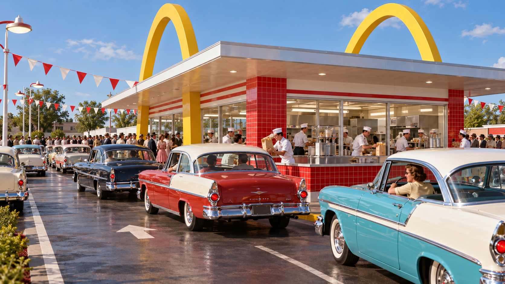 AI reconstruction of opening day at a red-and-white 1955 fast-food drive-in in Illinois.
