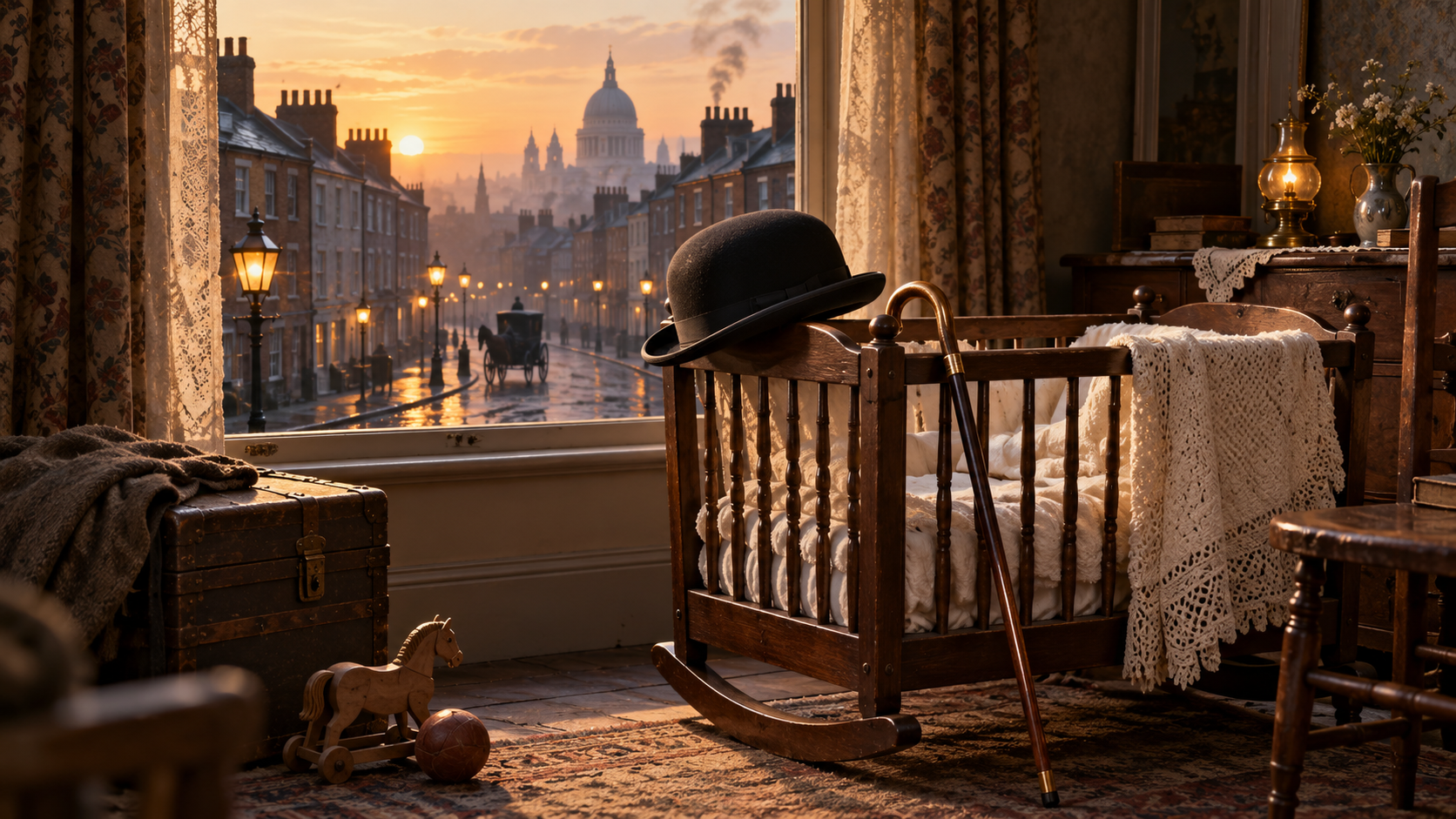 AI reconstruction of Victorian London at the birth of Charlie Chaplin, with a cradle, bowler hat, and cane.