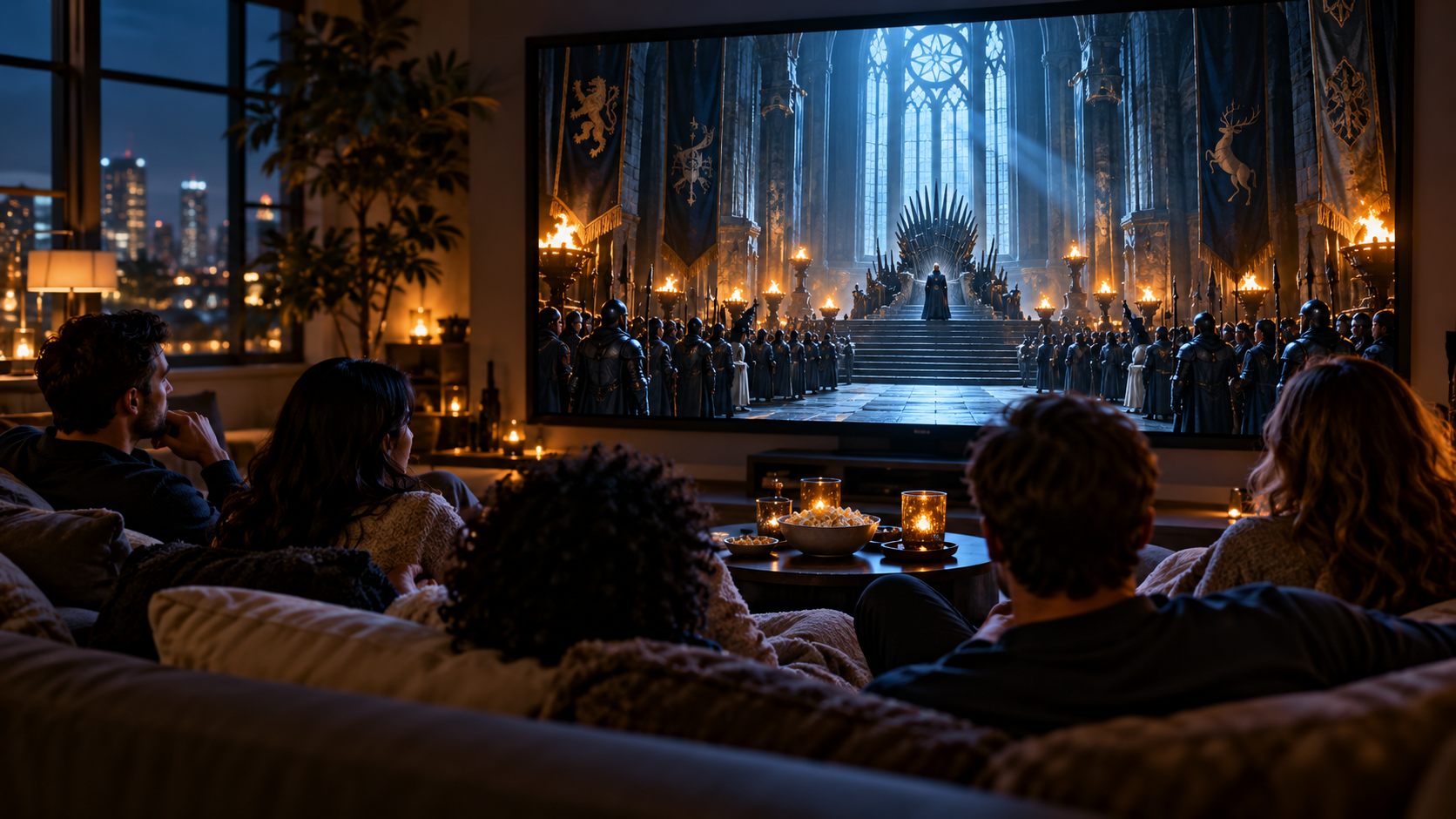 AI reconstruction of a 2011 watch party viewing an epic medieval-fantasy television premiere.
