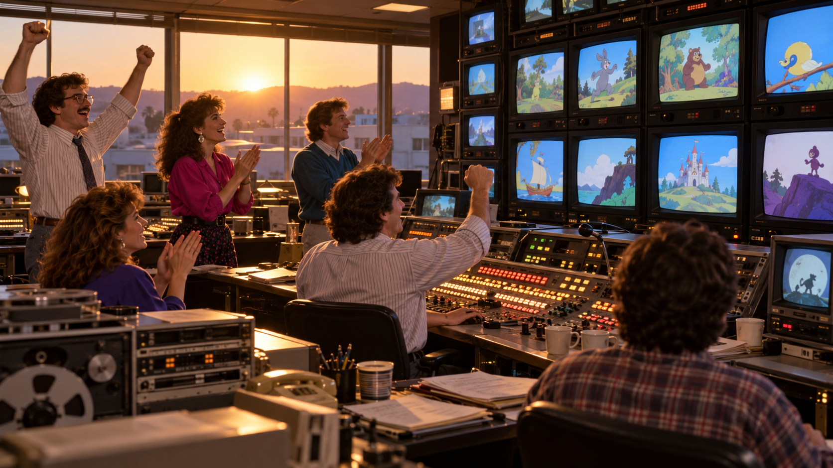 AI reconstruction of a 1983 cable control room celebrating a new family channel going live.