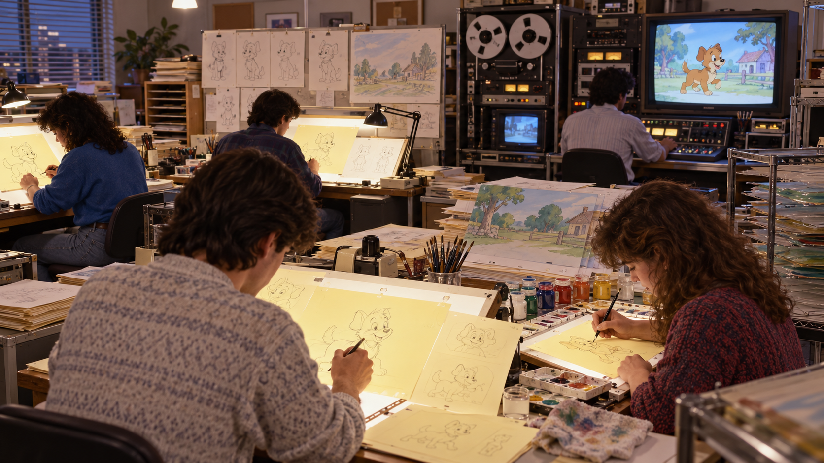 AI reconstruction of a 1987 animation studio preparing rough family-cartoon shorts for television.