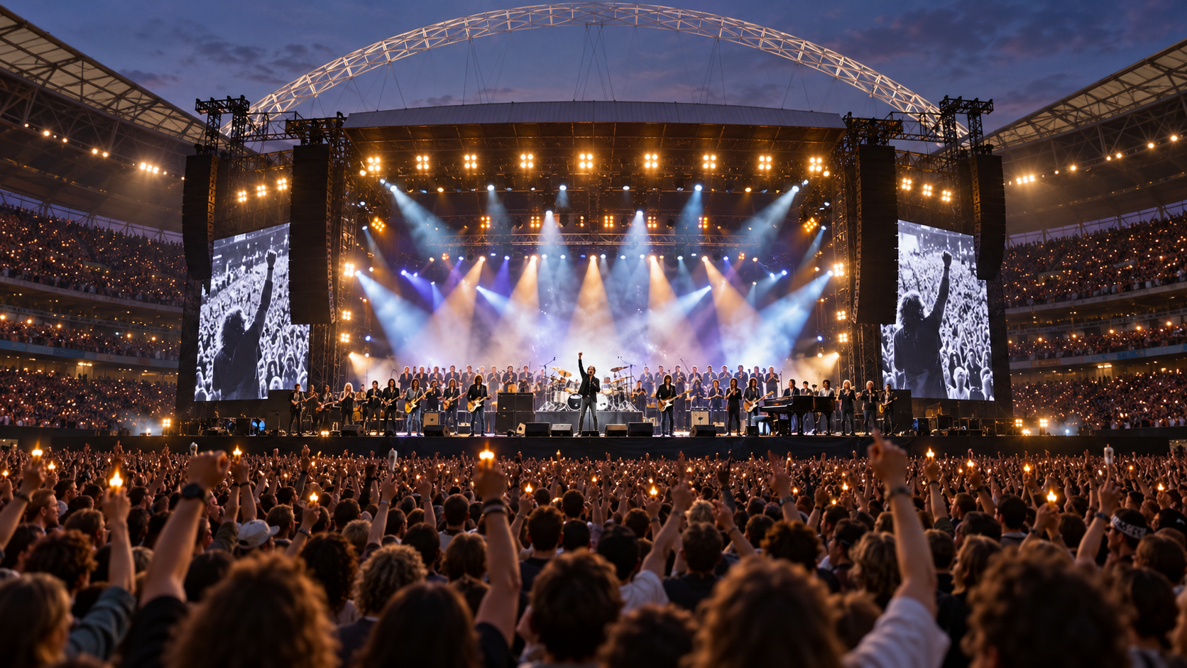 AI reconstruction of a huge 1992 Wembley benefit concert honoring a beloved rock singer.