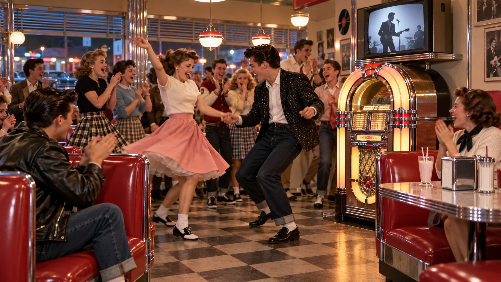 AI reconstruction of a 1956 jukebox diner celebrating a breakthrough rock-and-roll number-one hit.