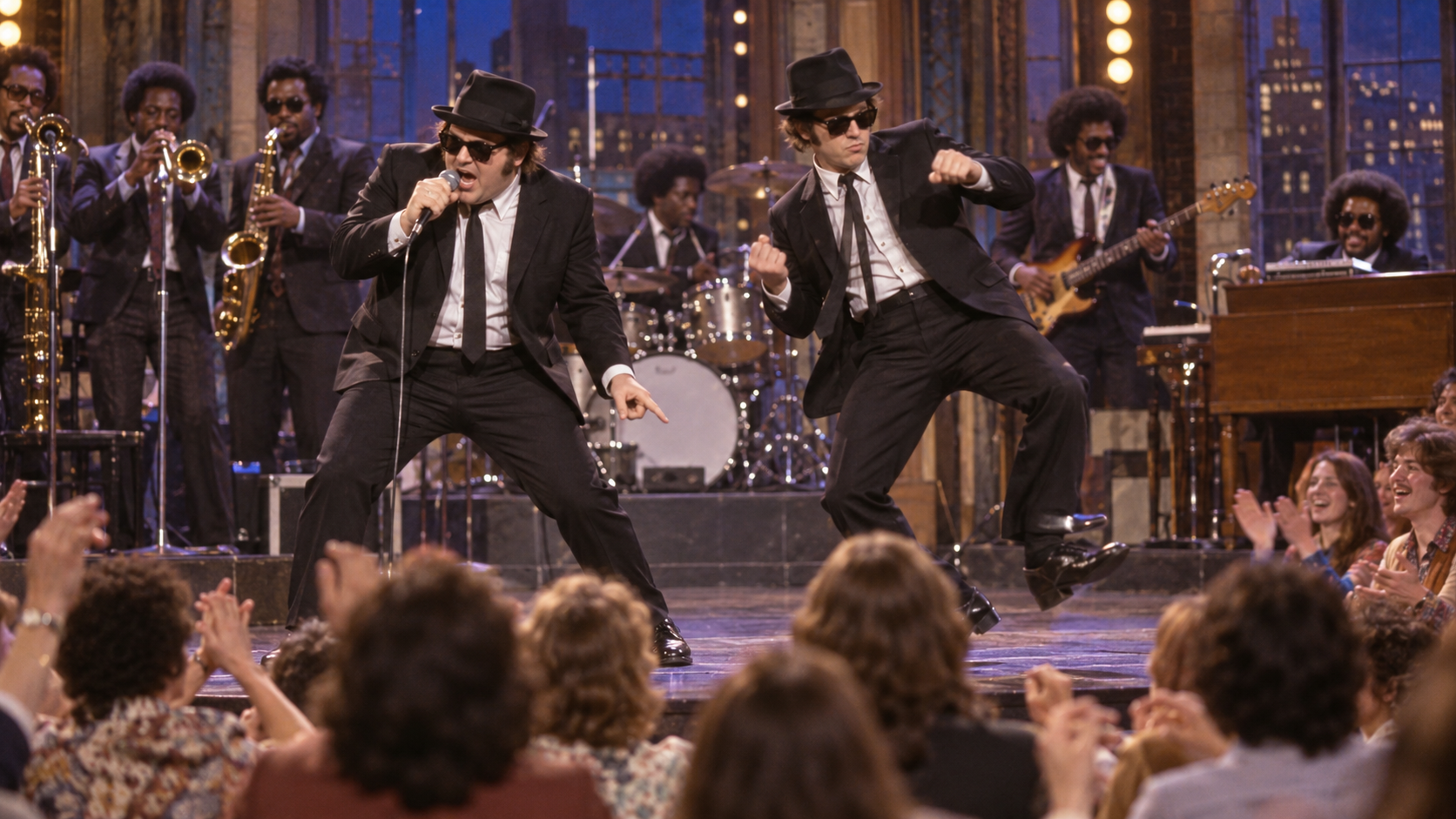 AI reconstruction of two suited rhythm-and-blues performers on a 1978 late-night comedy stage.