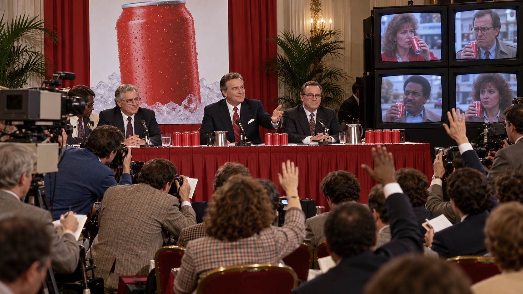 AI reconstruction of a tense 1985 press conference unveiling a reformulated cola in generic red cans.