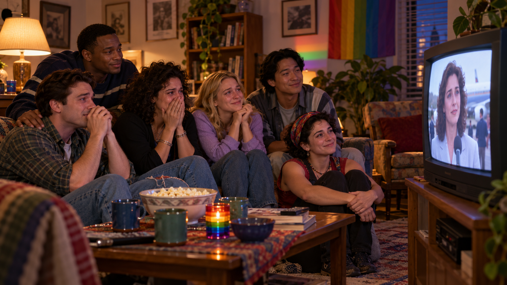AI reconstruction of a supportive 1997 living-room watch party during a landmark sitcom episode.