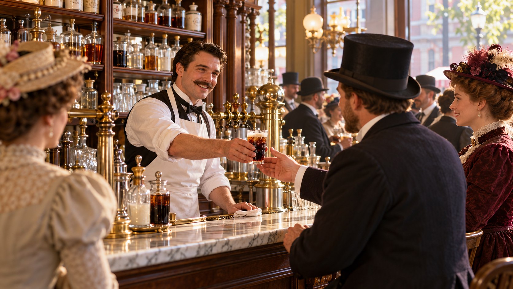 AI reconstruction of an 1886 Atlanta pharmacy soda fountain serving a new cola drink.