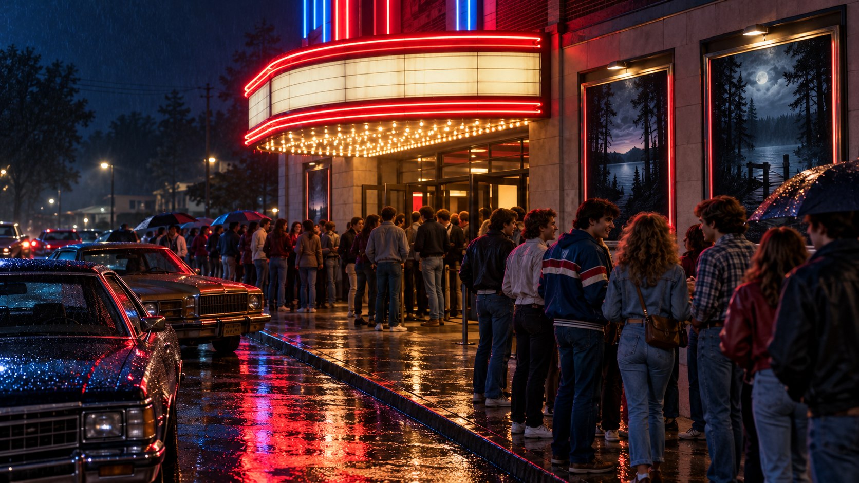 AI reconstruction of a 1980 horror-film opening outside a neighborhood cinema.