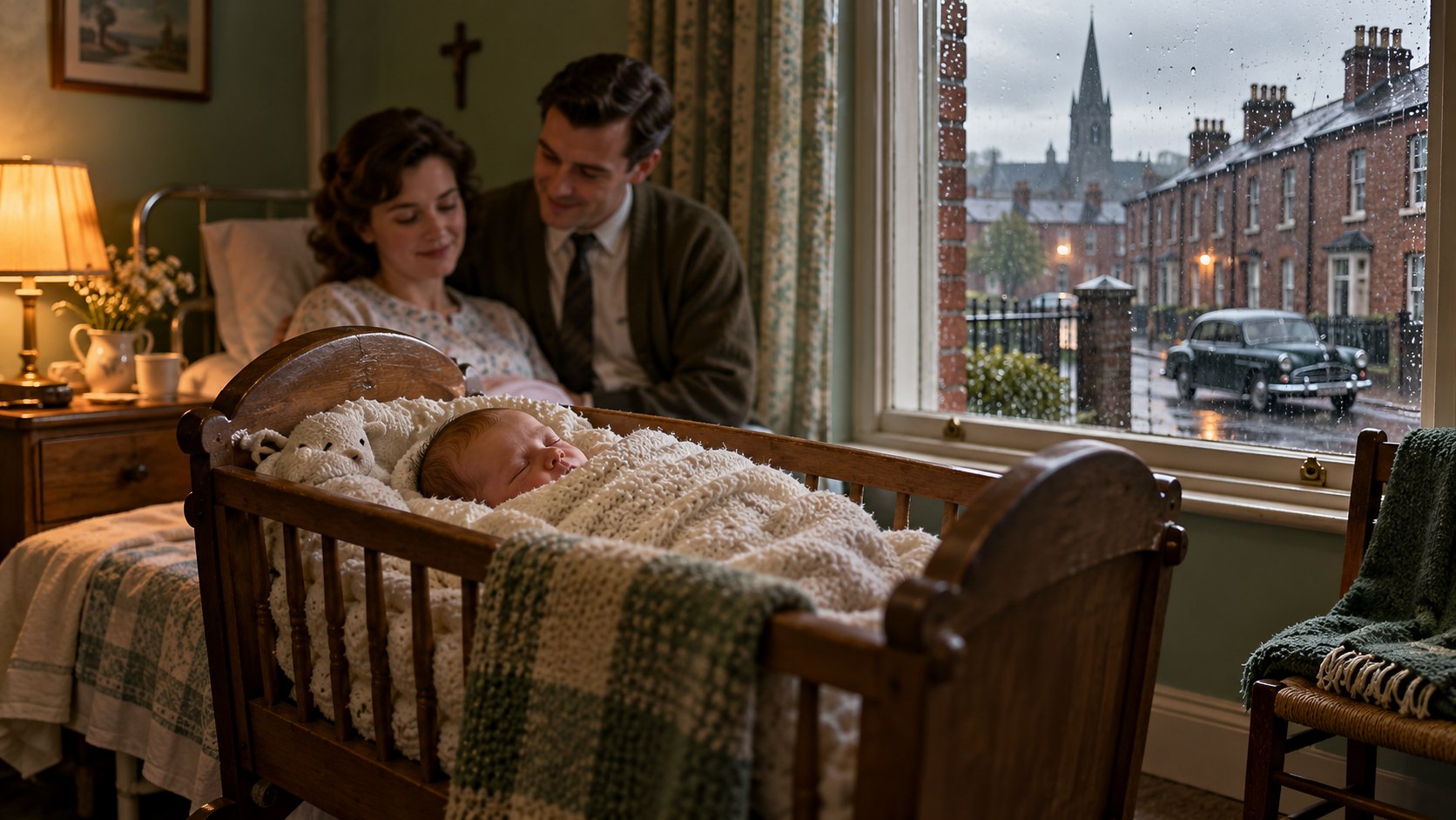AI reconstruction of a modest Dublin maternity ward in 1960 marking Bono's birth.