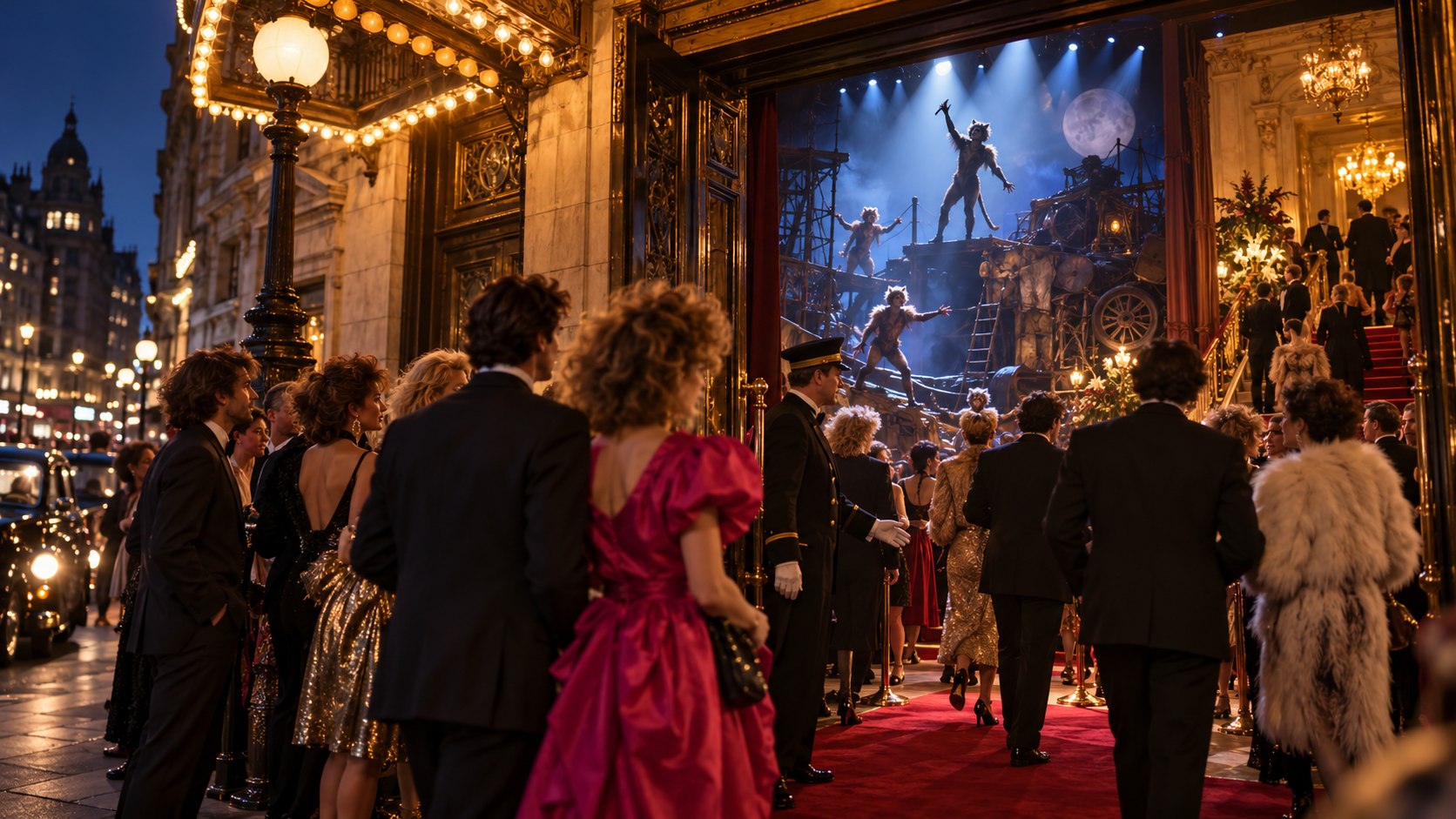AI reconstruction of the 1981 London opening of Cats in its junkyard theater set.