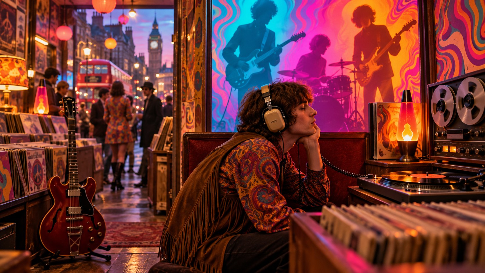 AI reconstruction of a 1967 London record shop receiving the Jimi Hendrix Experience debut album.