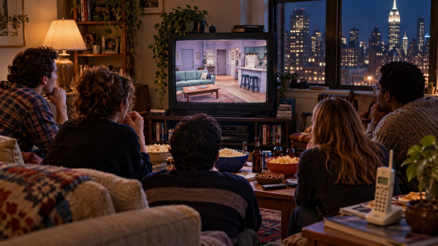 AI reconstruction of a crowded 1998 living room watching a major sitcom finale.