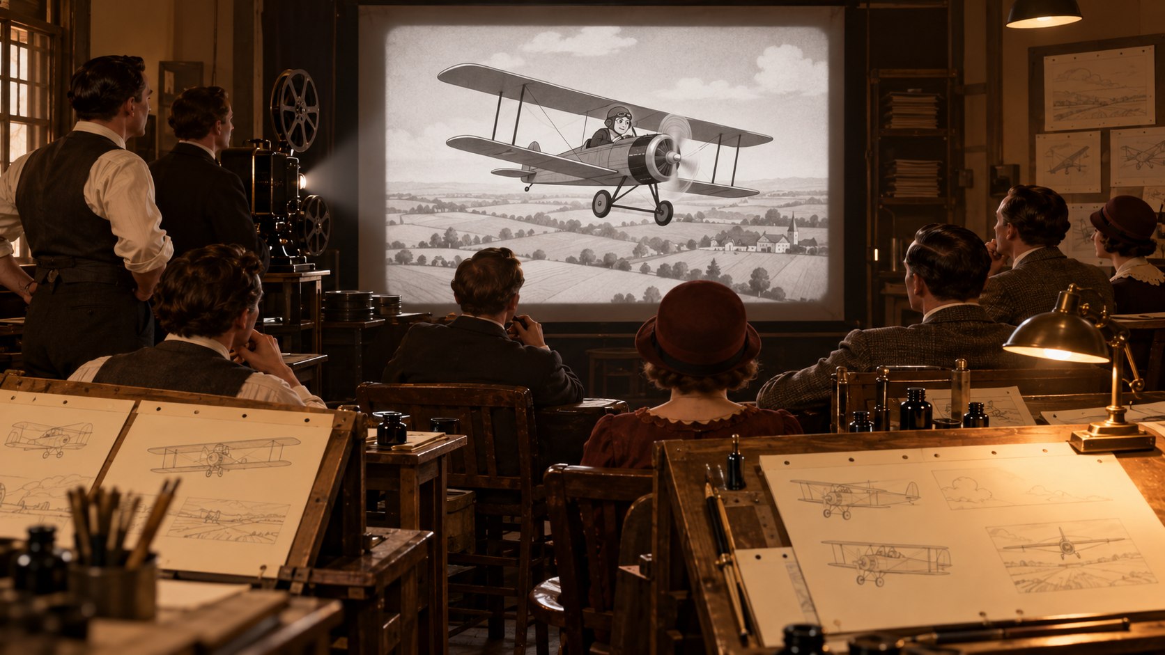AI reconstruction of animators preparing a 1928 silent cartoon test screening in Hollywood.