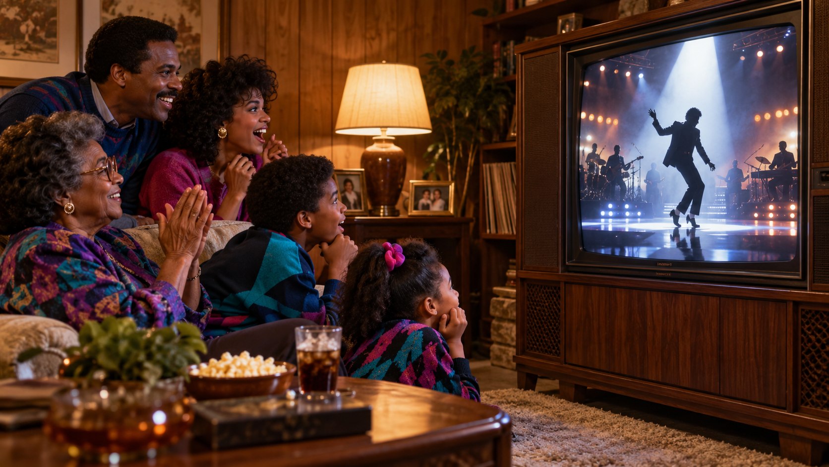 AI reconstruction of a 1983 family watching the Motown 25 television special.