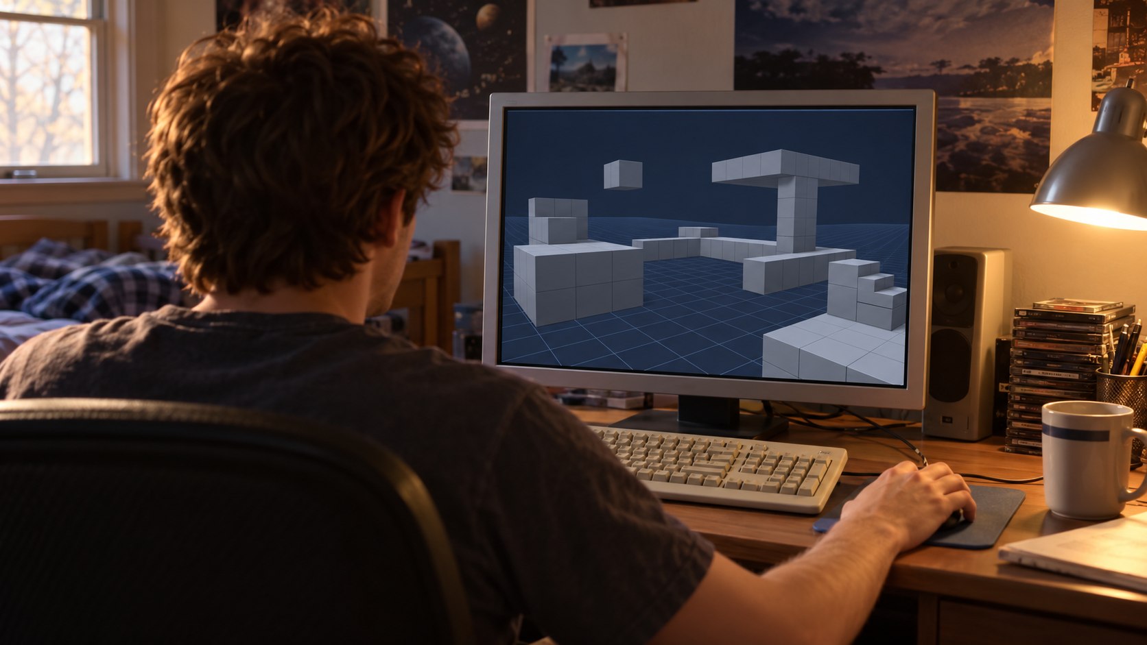 AI reconstruction of a 2009 home computer displaying an early block-building game.