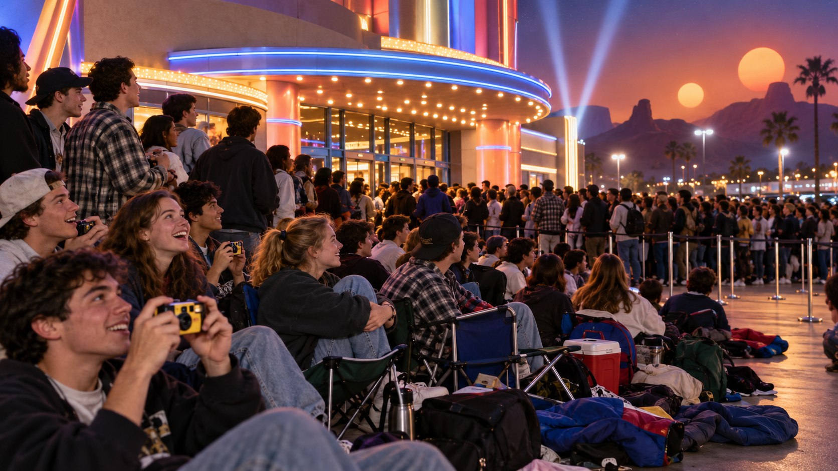 AI reconstruction of excited moviegoers lining up for a 1999 space-fantasy premiere.