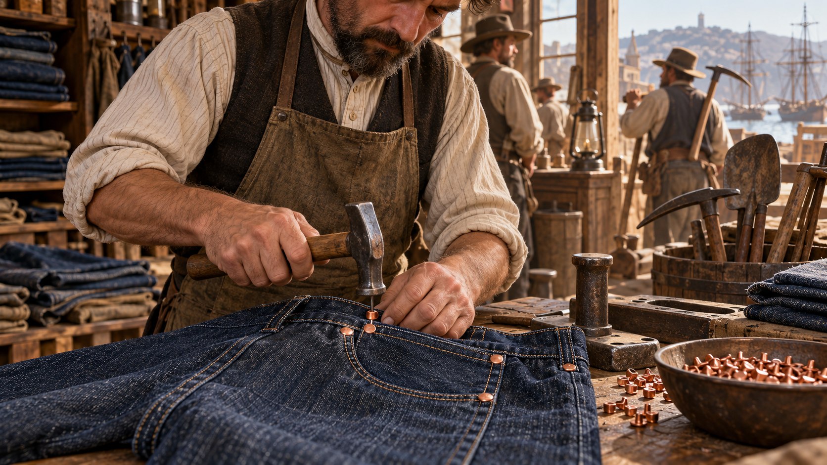 AI reconstruction of an 1873 San Francisco tailor reinforcing denim work pants with copper rivets.