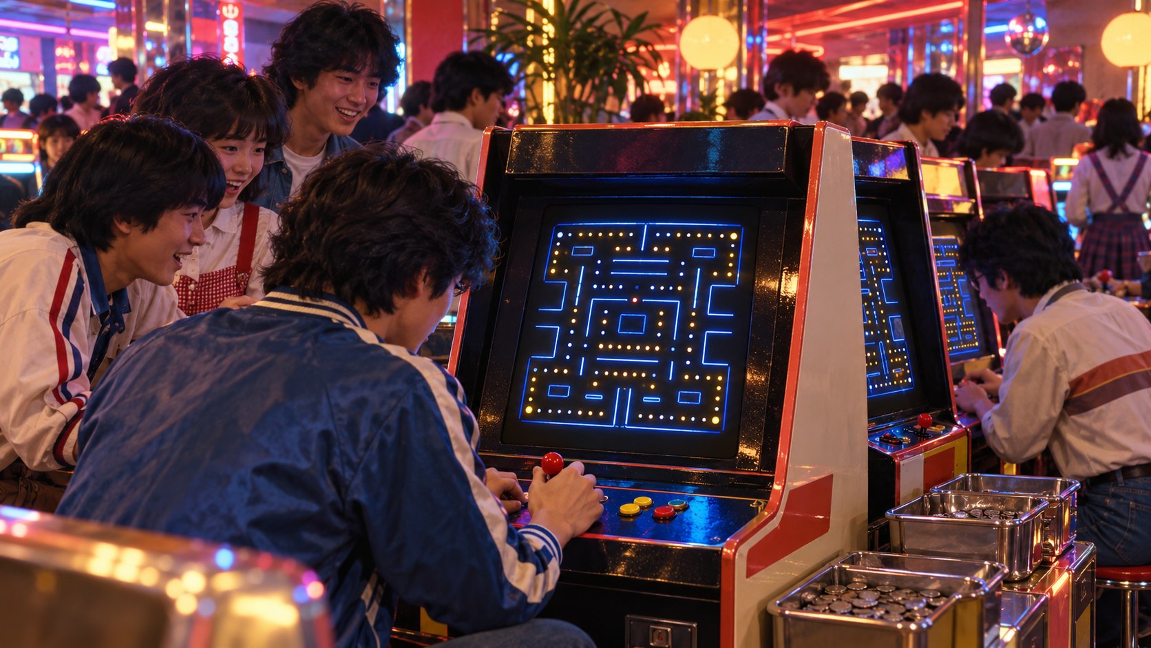 AI reconstruction of a 1980 Japanese arcade introducing a bright maze video game.