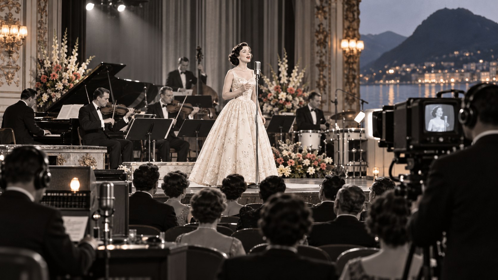 AI reconstruction of the intimate 1956 Eurovision stage in a small Lugano theater.
