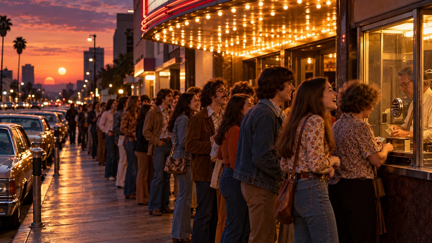 AI reconstruction of moviegoers lining up at a 1977 cinema for the original Star Wars.