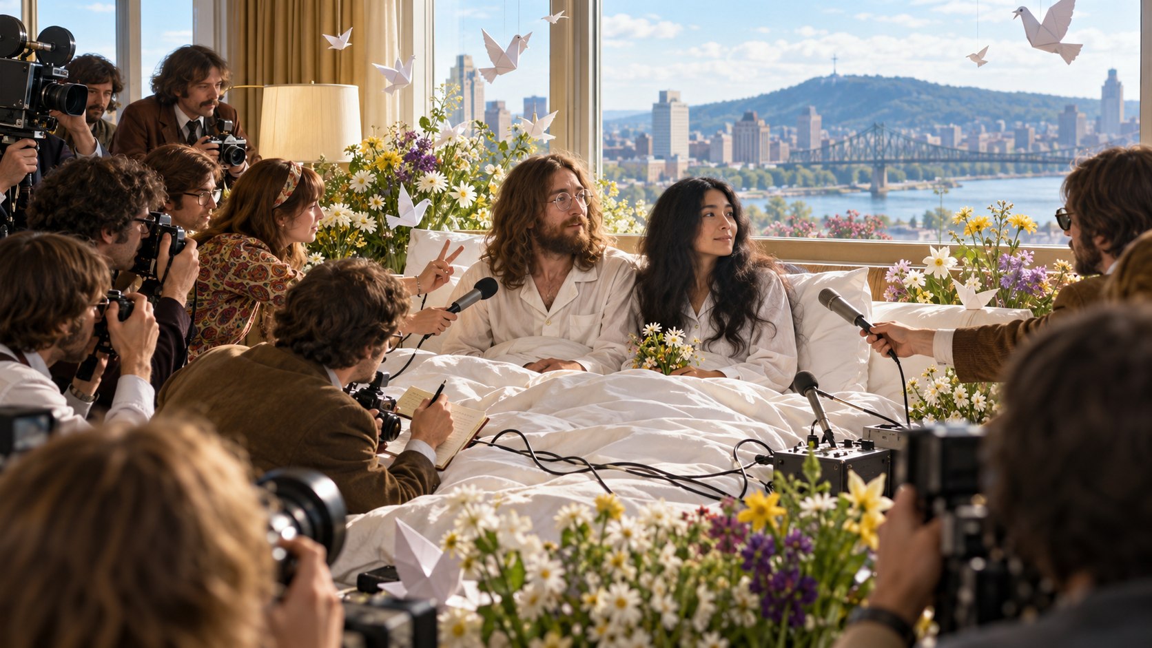 AI reconstruction of John Lennon and Yoko Ono beginning their 1969 Montreal Bed-In for Peace.