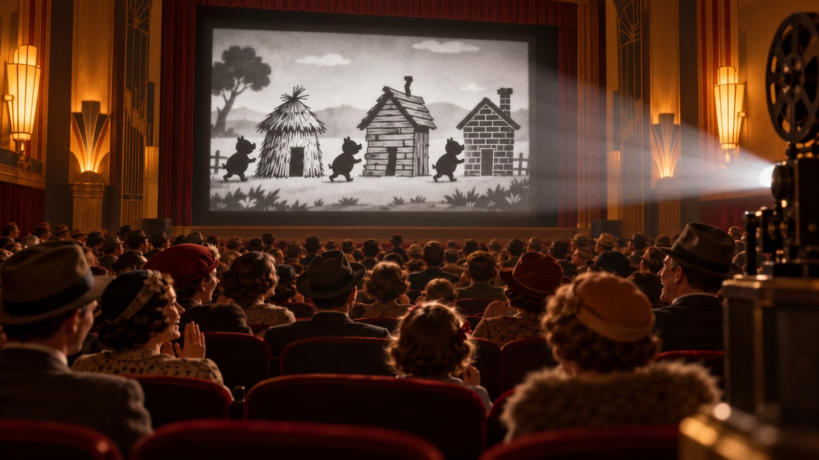 AI reconstruction of a 1933 cinema audience enjoying an animated short about three pigs.