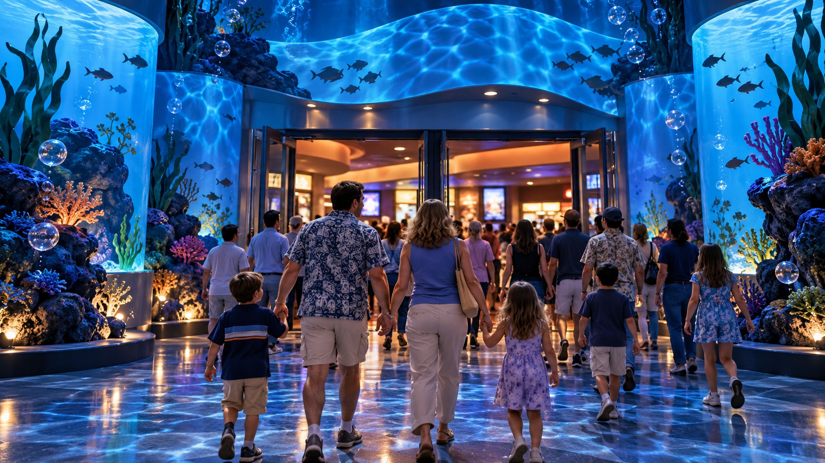 AI reconstruction of a family arriving at a 2003 cinema decorated for an ocean adventure.