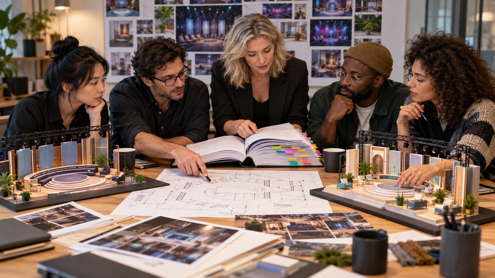 A fictional international production team compares a format bible, studio floor plan, and two localized set models around a table.