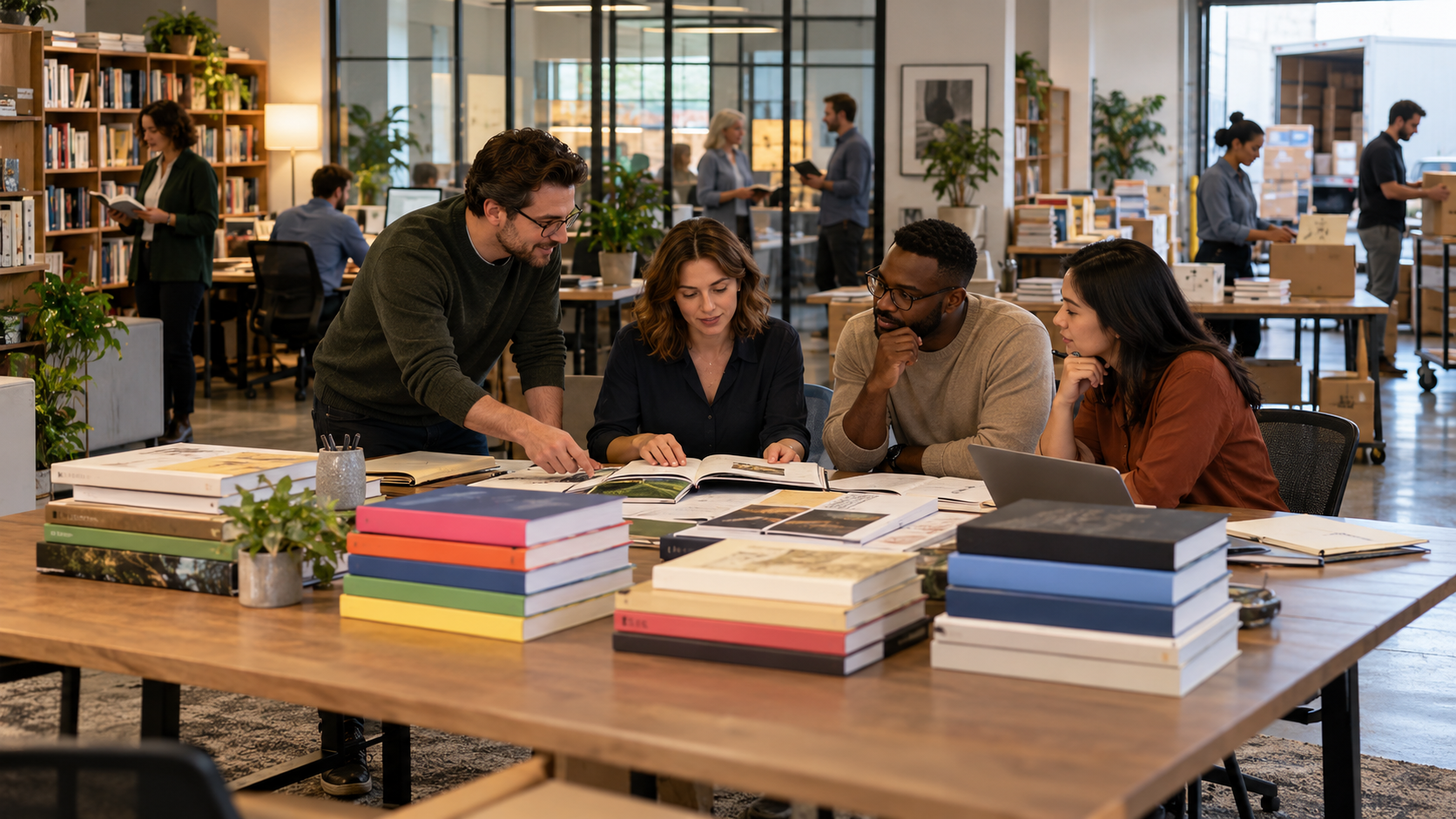 Photorealistic editorial illustration of a conceptual publishing office where several differently styled book lists sit under one generic parent company structure with editorial, rights, sales, and distribution teams, with no readable text or recognizable brands.