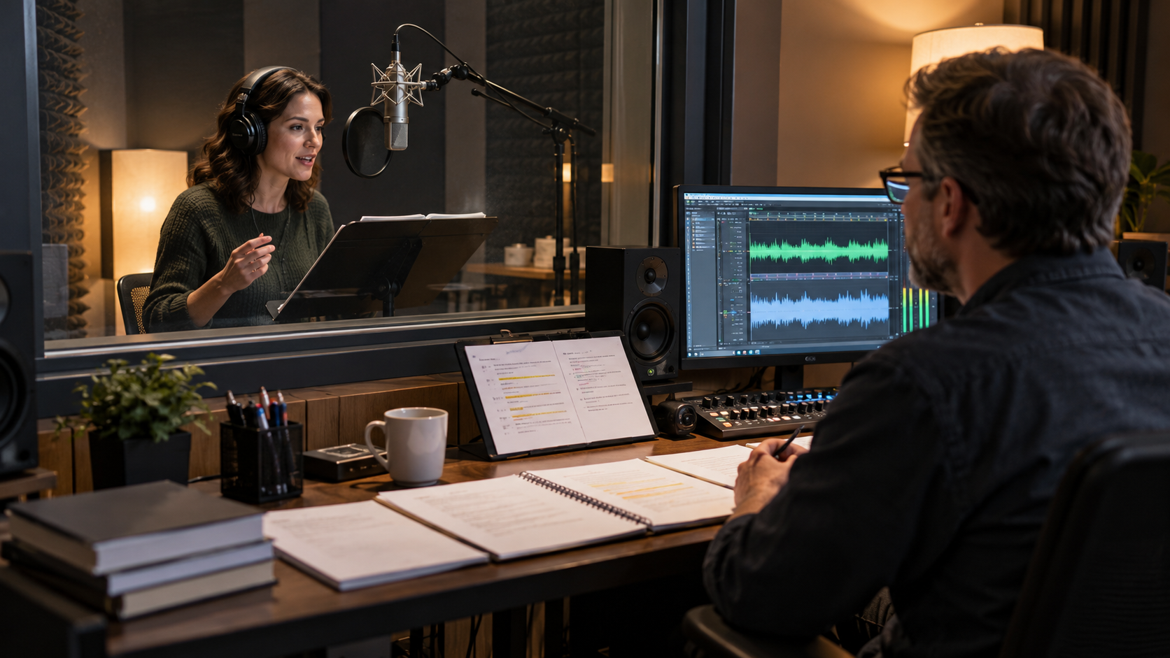 Photorealistic editorial illustration of a fictional audiobook narrator recording in a treated booth while a producer follows a marked script, pronunciation list, chapter schedule, and clean audio meters, with no readable text or recognizable brands.