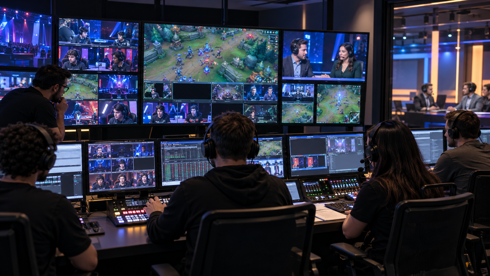 Photorealistic editorial illustration of a fictional esports broadcast control room combining generic game feeds, player cameras, replay, statistics, commentary, and several language output paths without logos, with no readable text or recognizable brands.