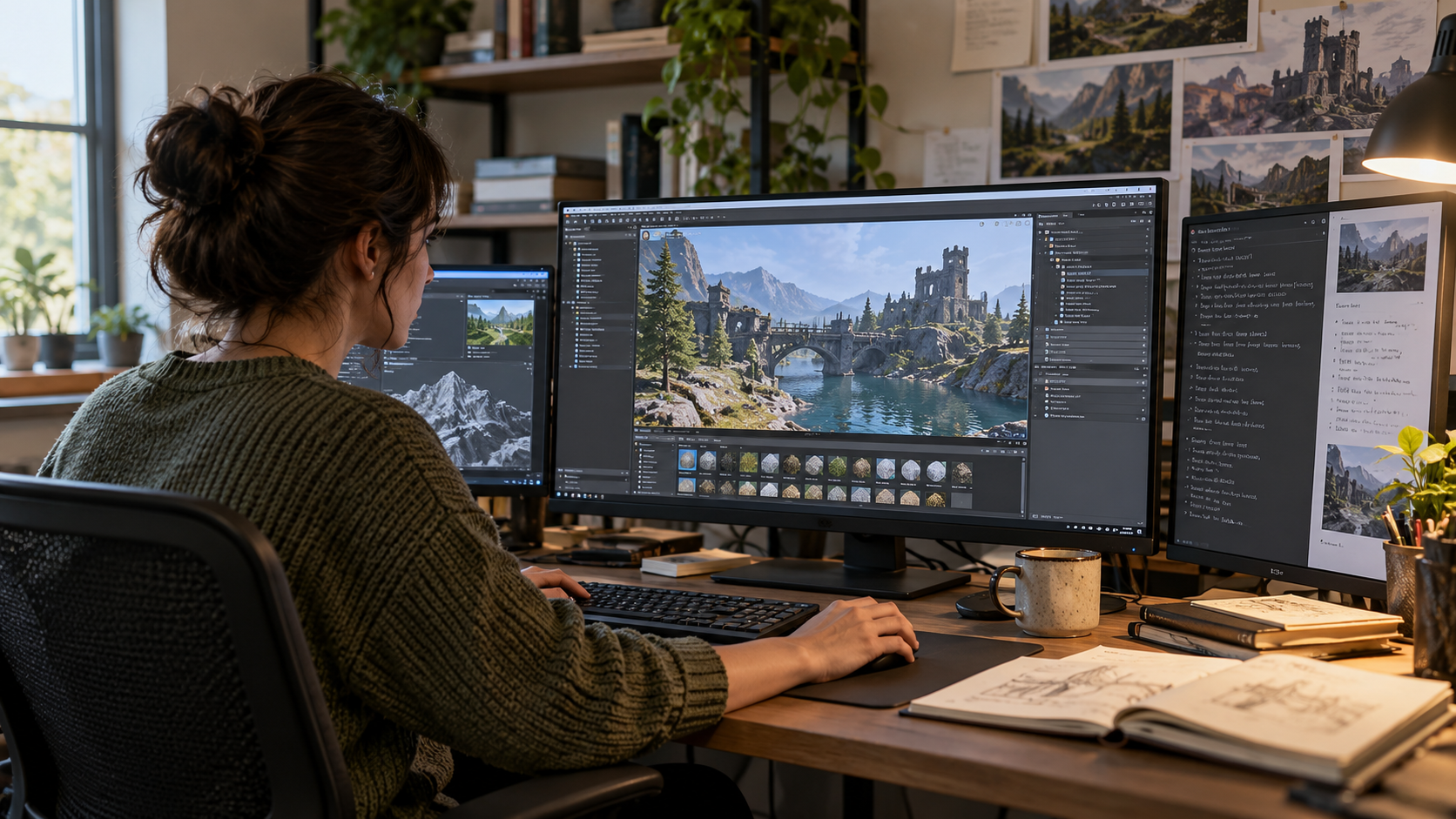 Photorealistic editorial illustration of a fictional game modder testing a custom landscape, interface skin, and user-created level in a generic editor beside dependency and version notes without game branding, with no readable text or recognizable brands.