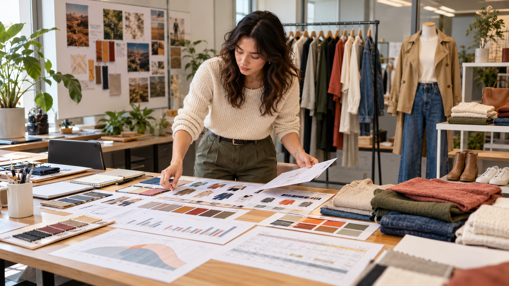 Photorealistic editorial illustration of a fictional fashion merchandiser planning a seasonal assortment with garment samples, color and size grids, inventory curves, delivery calendar, and an unbranded retail display, with no readable text or recognizable brands.