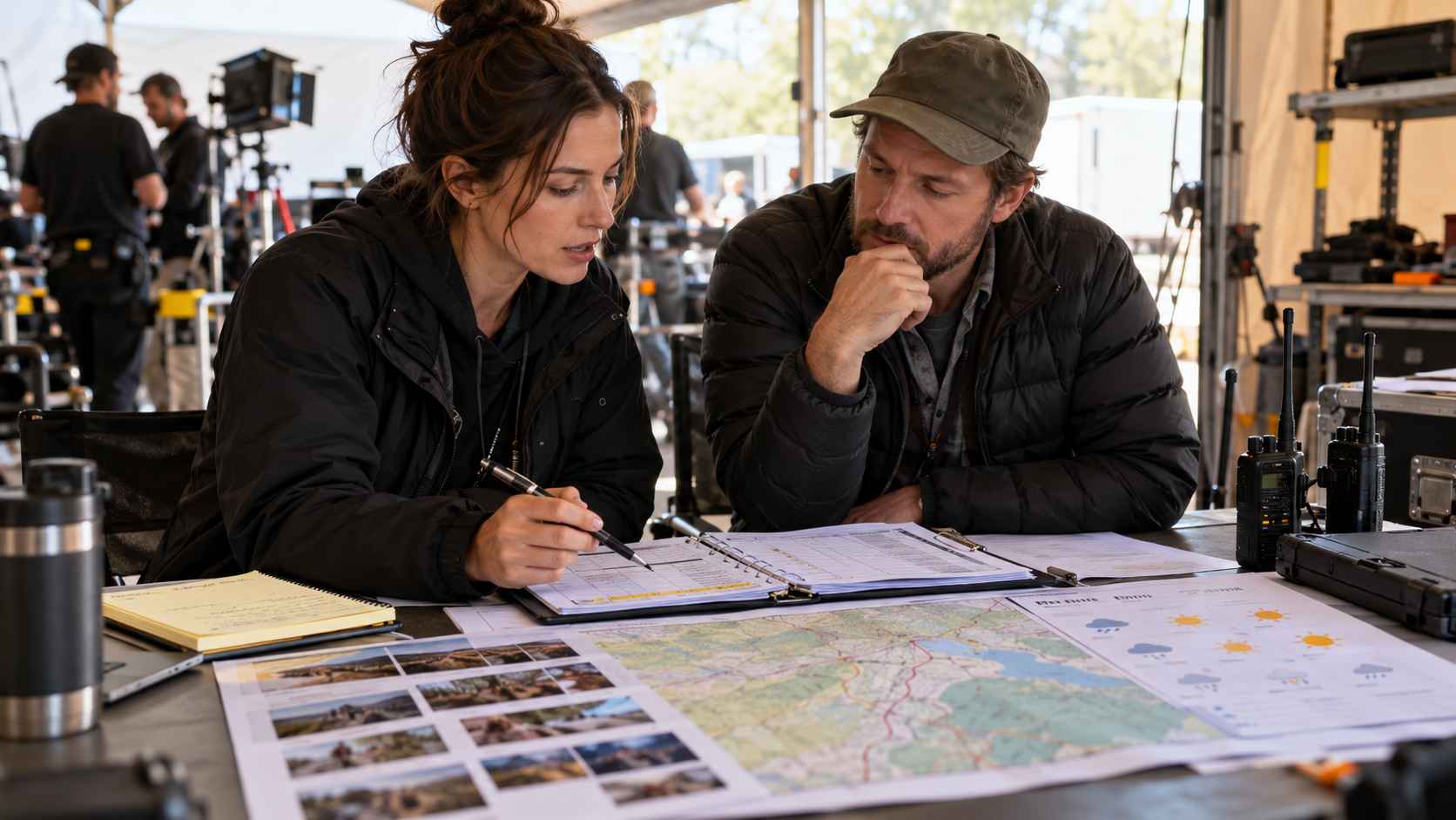 Photorealistic editorial illustration of a fictional assistant director reviewing a generic call sheet, location map, weather symbols, scene strips, radios, and transport notes with a production coordinator, with no readable text or recognizable brands.