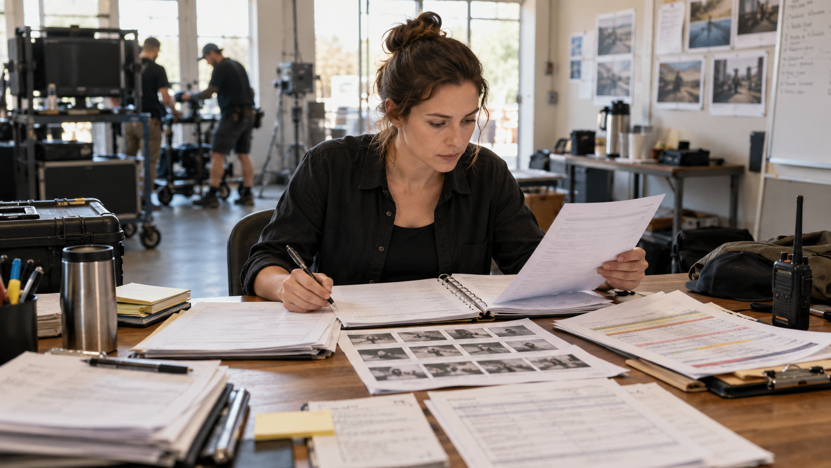 Photorealistic editorial illustration of a fictional production coordinator reconciling a daily progress report with scene strips, camera logs, timecards, weather notes, and a neutral shooting schedule, with no readable text or recognizable brands.