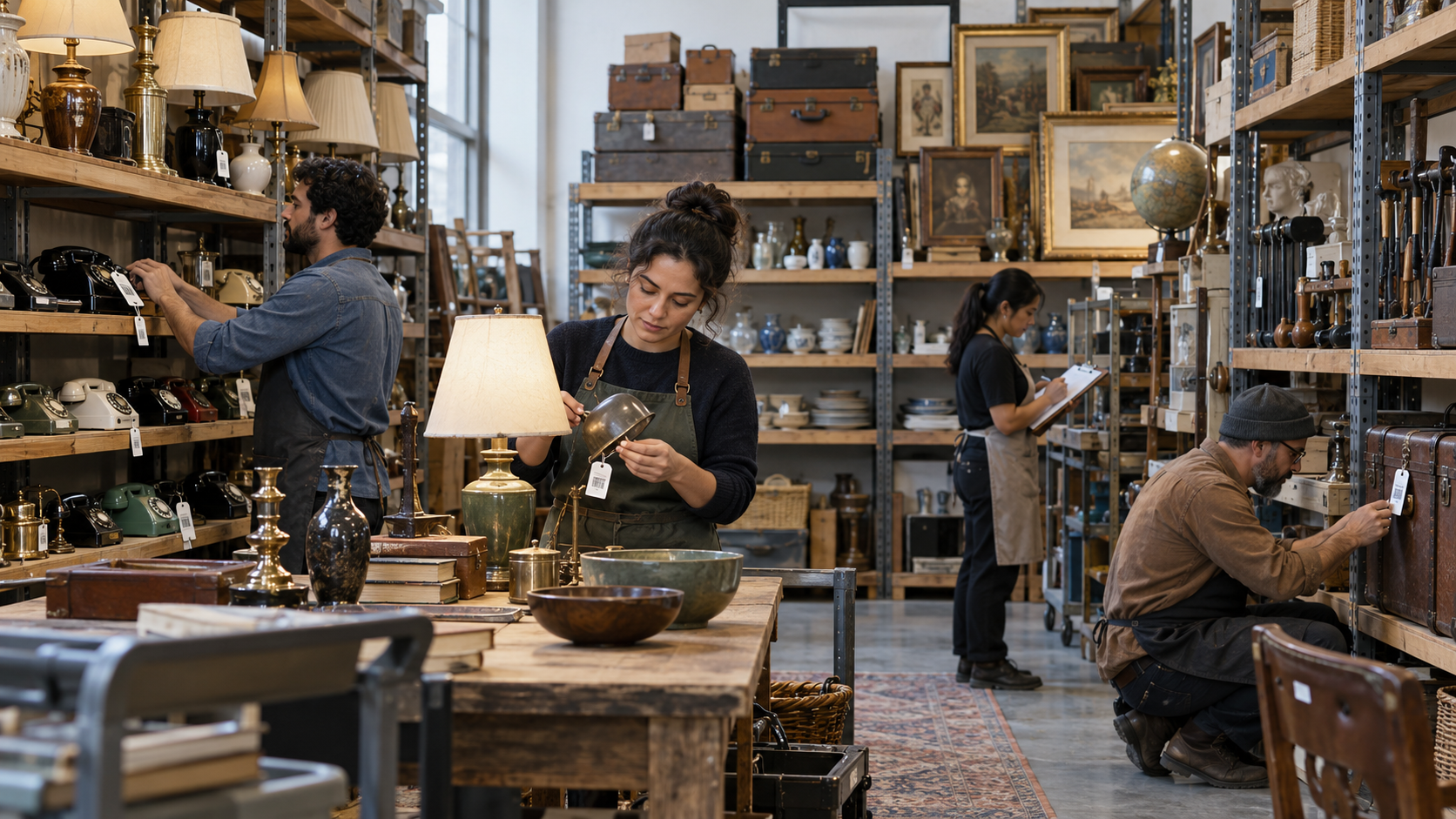 Photorealistic editorial illustration of a fictional prop-house team cataloging shelves of generic lamps, telephones, tableware, luggage, tools, framed art, and period-neutral household objects with barcode tags, with no readable text or recognizable brands.