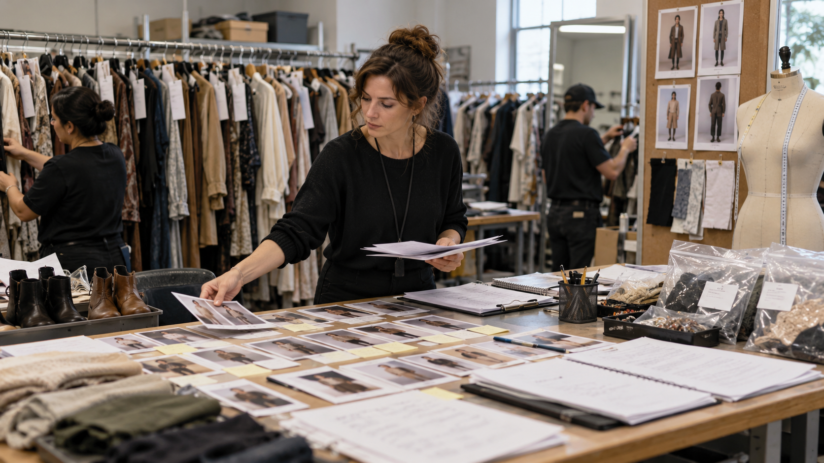 Photorealistic editorial illustration of a fictional costume supervisor coordinating fitting cards, garment rails, continuity photographs, alteration notes, labeled bags, and a neutral shooting schedule in a wardrobe workroom, with no readable text or recognizable brands.