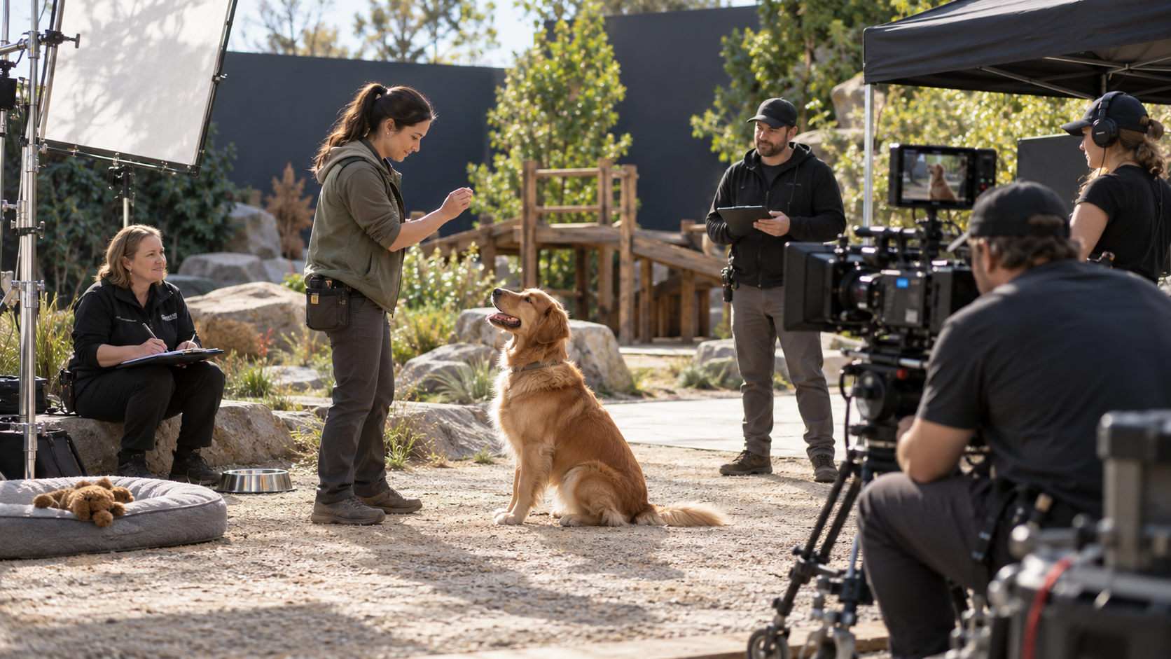 Photorealistic editorial illustration of a fictional animal trainer cueing a calm dog on a secured generic set while a welfare monitor, assistant director, camera crew, water bowl, shade area, and soft prop are visible, with no readable text or recognizable brands.