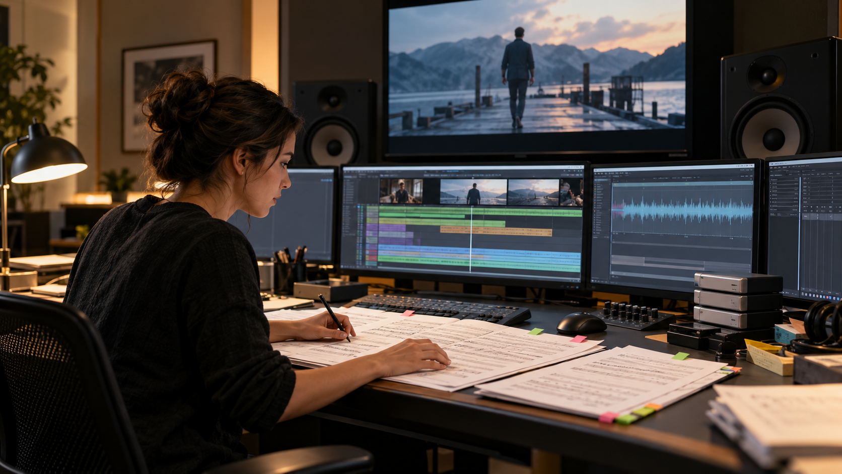 Photorealistic editorial illustration of a fictional music editor aligning score cues, picture cuts, tempo markers, stems, and cue paperwork in a neutral post-production suite with speakers and no readable software text, with no readable text or recognizable brands.