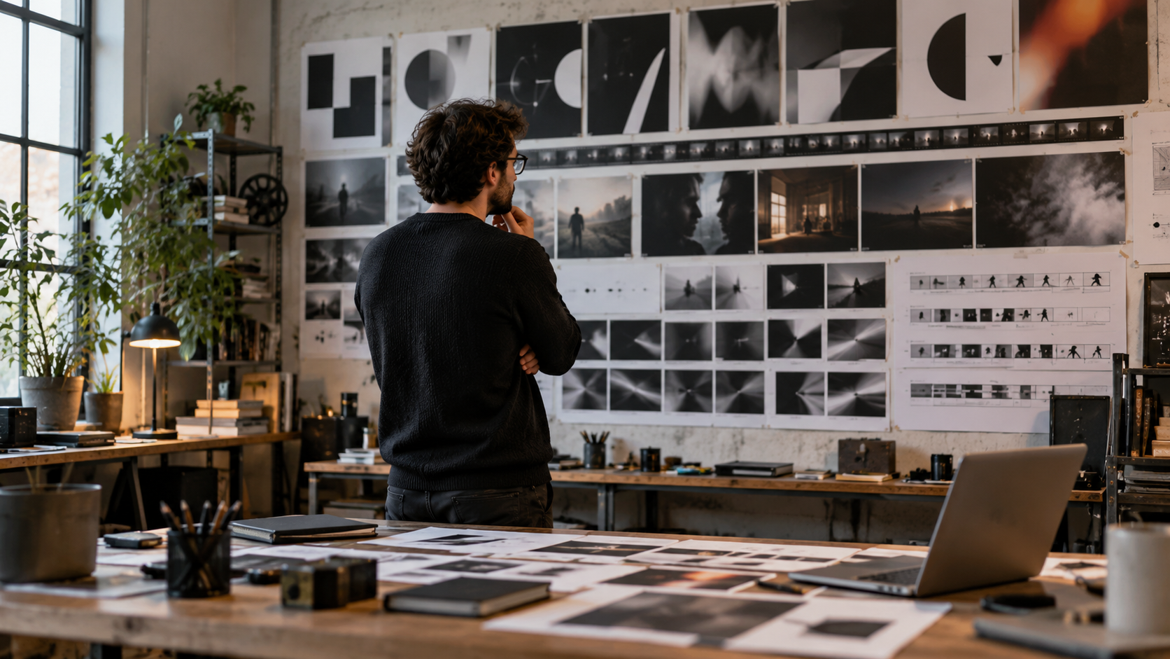 Photorealistic editorial illustration of a fictional title designer reviewing abstract storyboard frames, typographic shapes without readable words, film stills, timing markers, and motion tests in a design studio, with no readable text or recognizable brands.