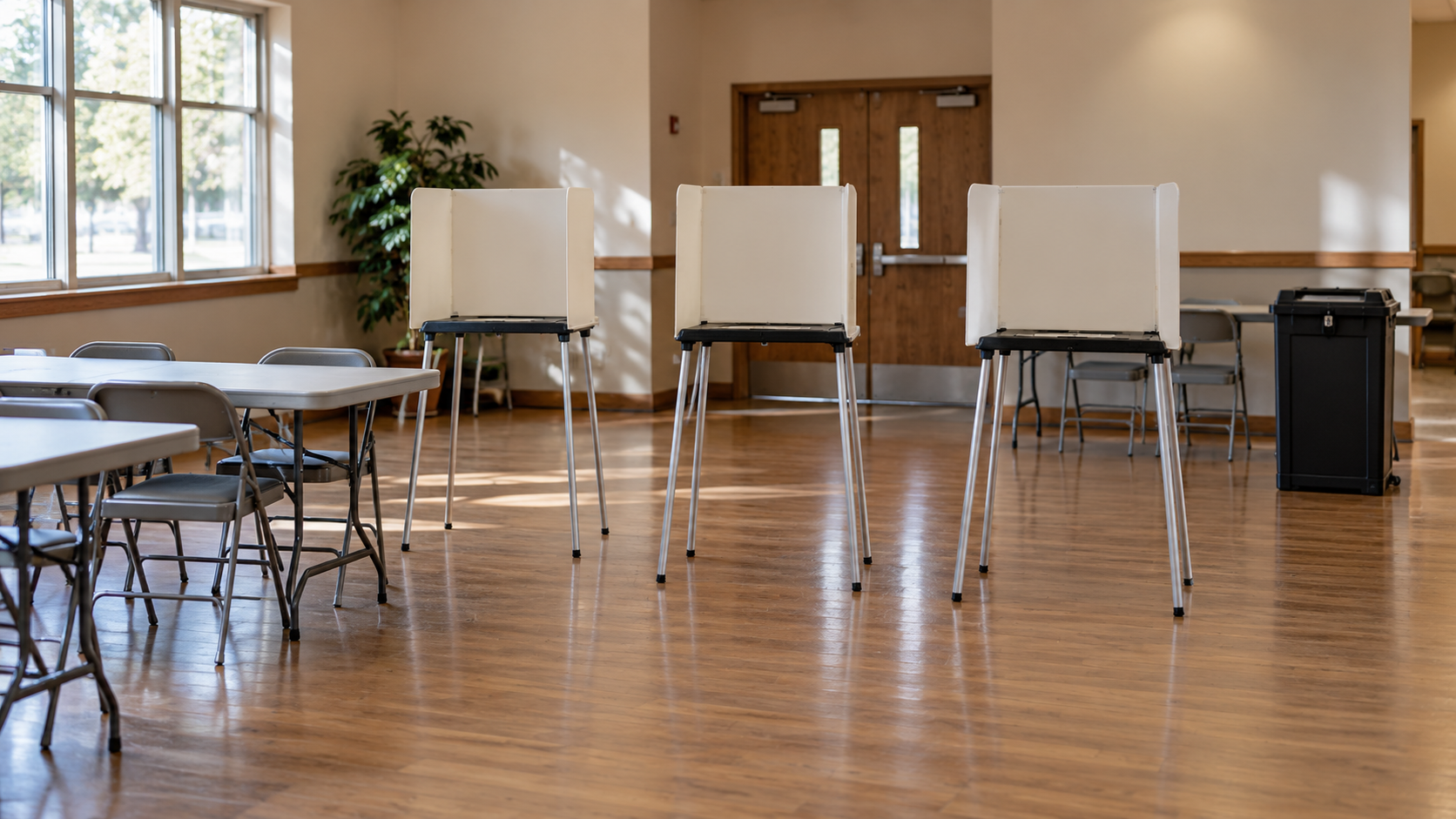 Three privacy voting booths and a ballot receptacle in an empty community polling room.