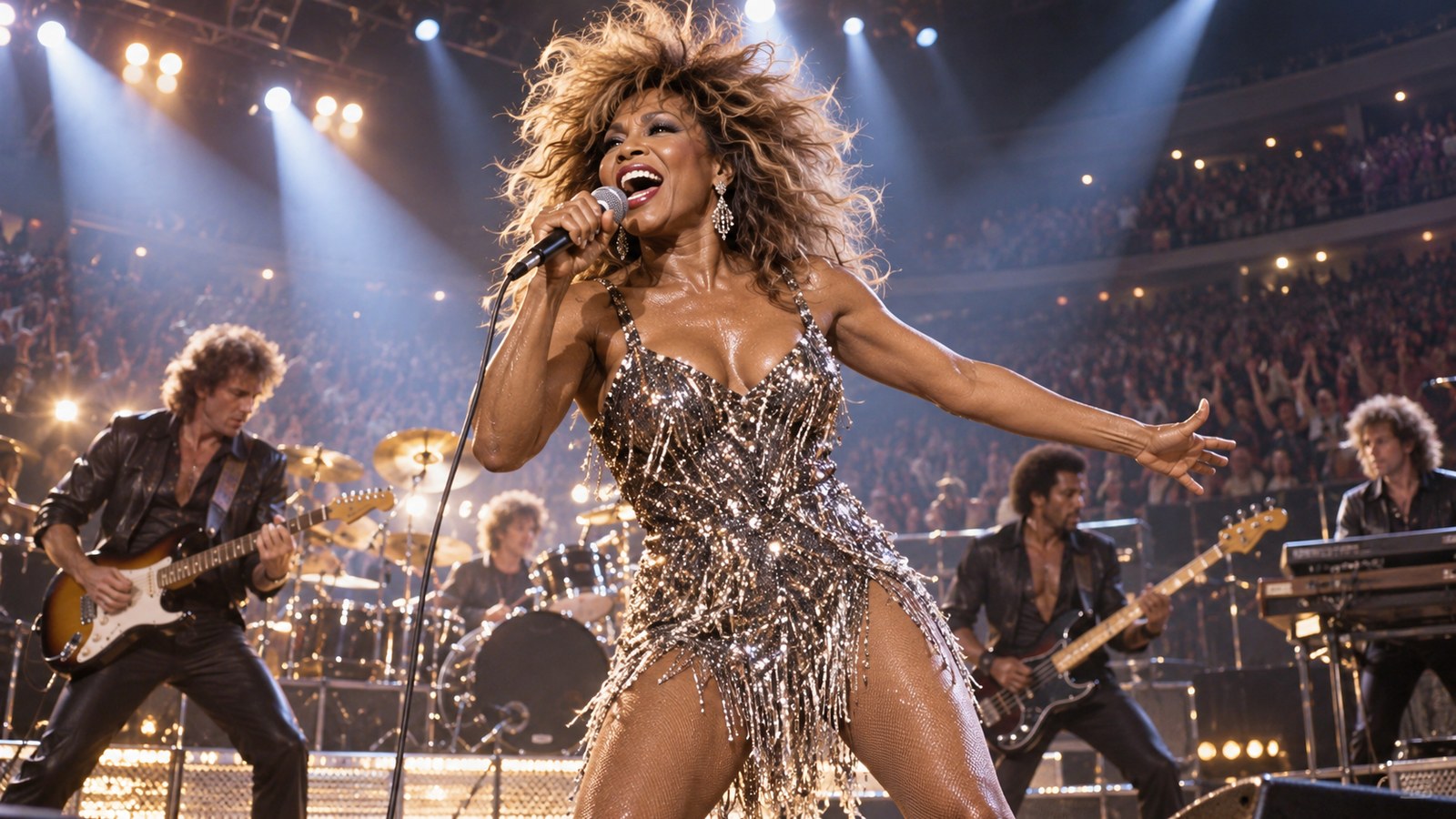 AI reconstruction of a triumphant Tina Turner-style concert performance in 1984