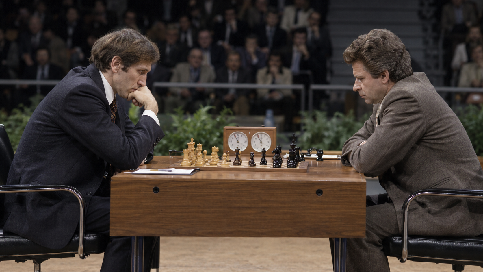 Photorealistic historical reconstruction of Bobby Fischer and Boris Spassky during their 1972 world chess championship match.