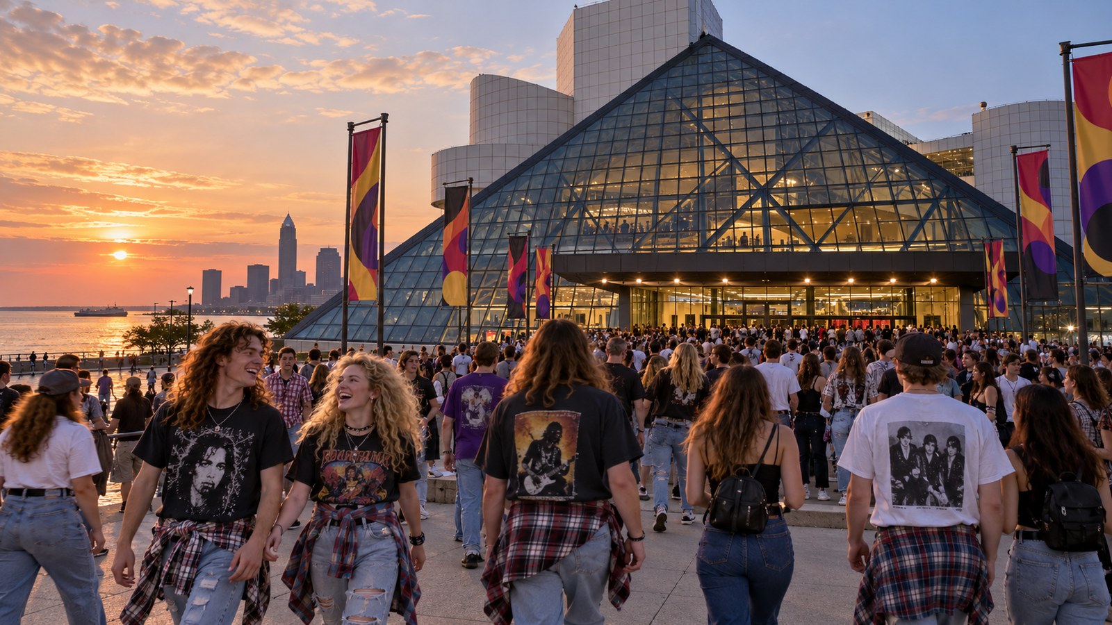 AI reconstruction of crowds entering Cleveland's Rock and Roll Hall of Fame in 1995