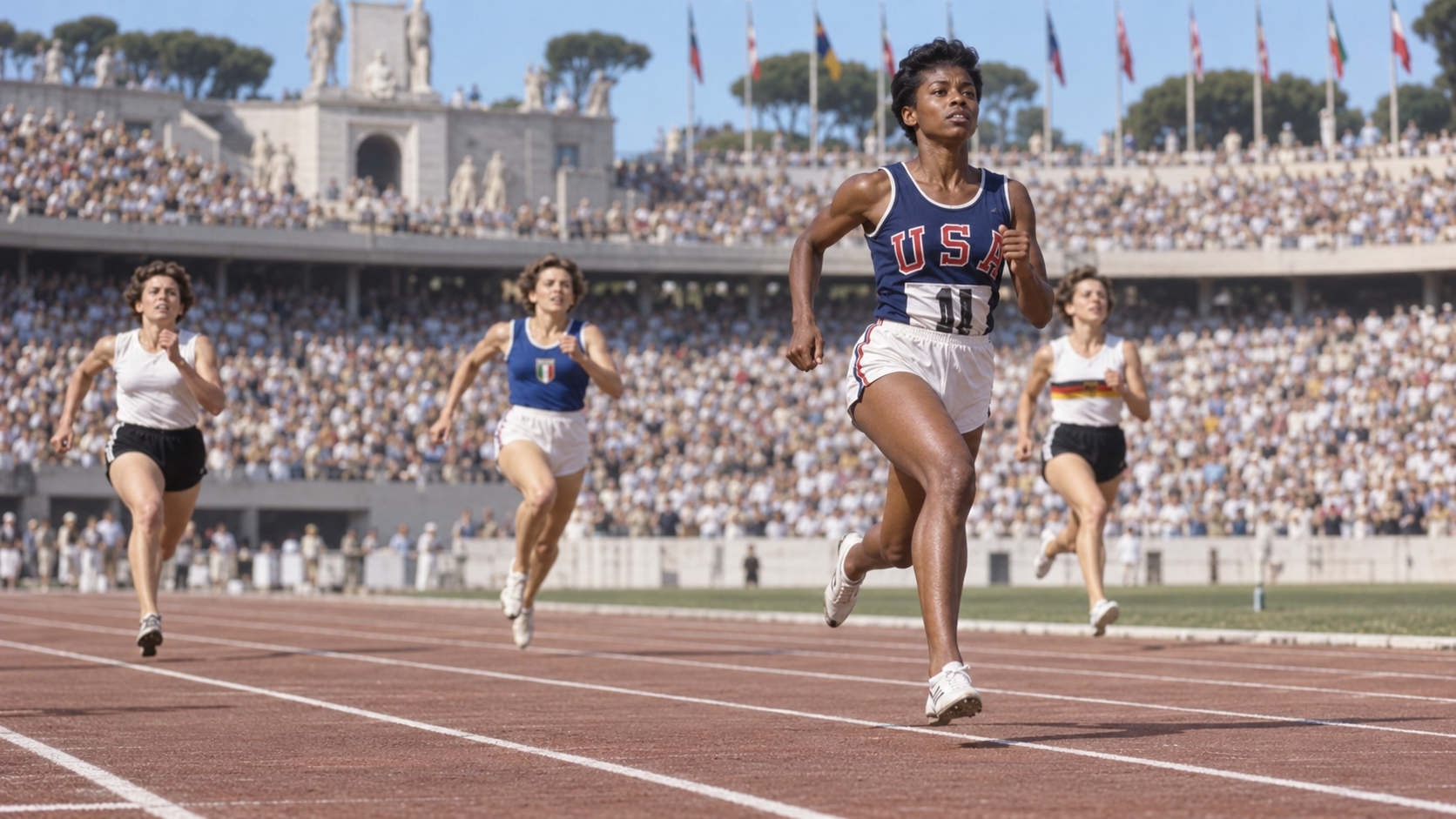 Photorealistic historical reconstruction of Wilma Rudolph winning the Olympic 100 meters in Rome in 1960.