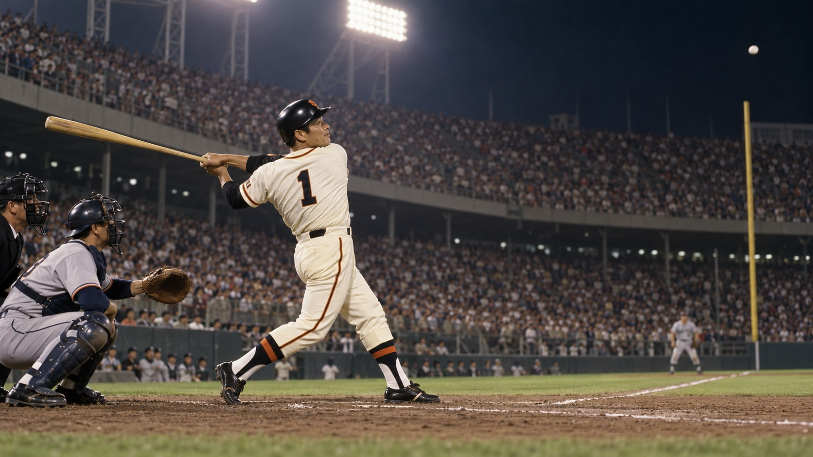 Photorealistic historical reconstruction of Sadaharu Oh hitting his 756th career home run in Tokyo in 1977.