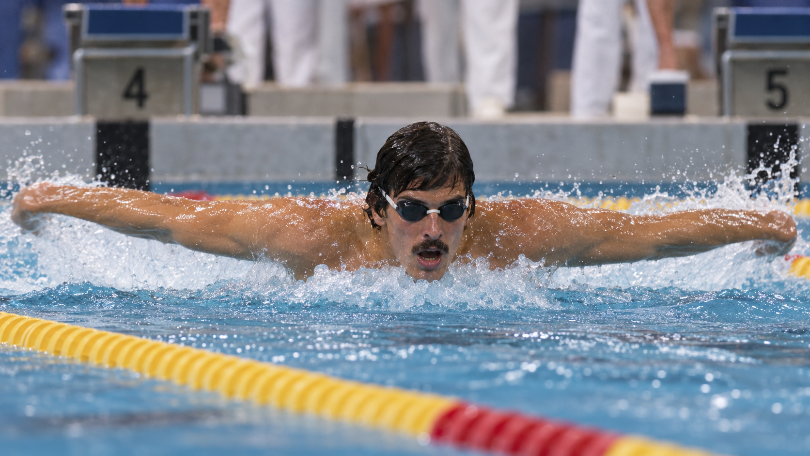 Photorealistic historical reconstruction of Mark Spitz swimming toward his seventh gold medal at Munich in 1972.