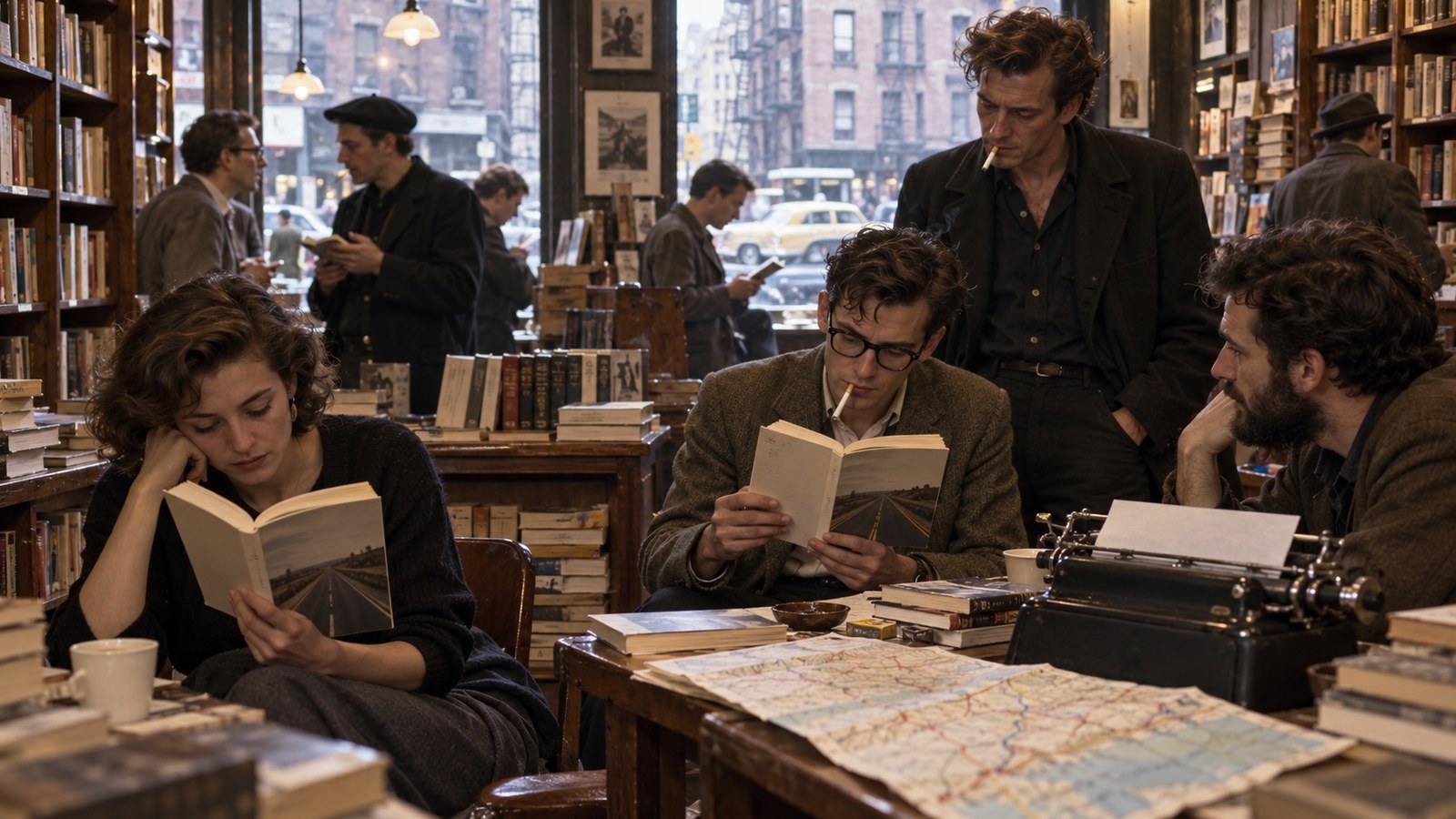 AI reconstruction of a 1957 bookstore displaying Jack Kerouac's On the Road