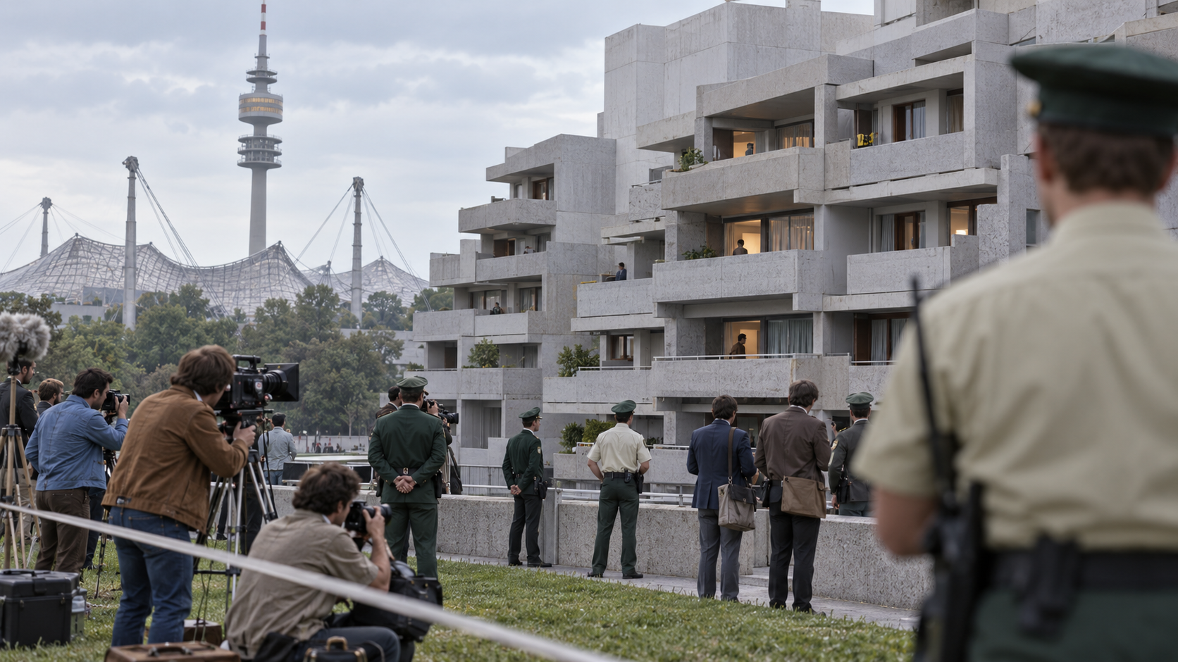 Photorealistic historical reconstruction of the Munich Olympic Village during the September 1972 hostage crisis, without depicting violence.
