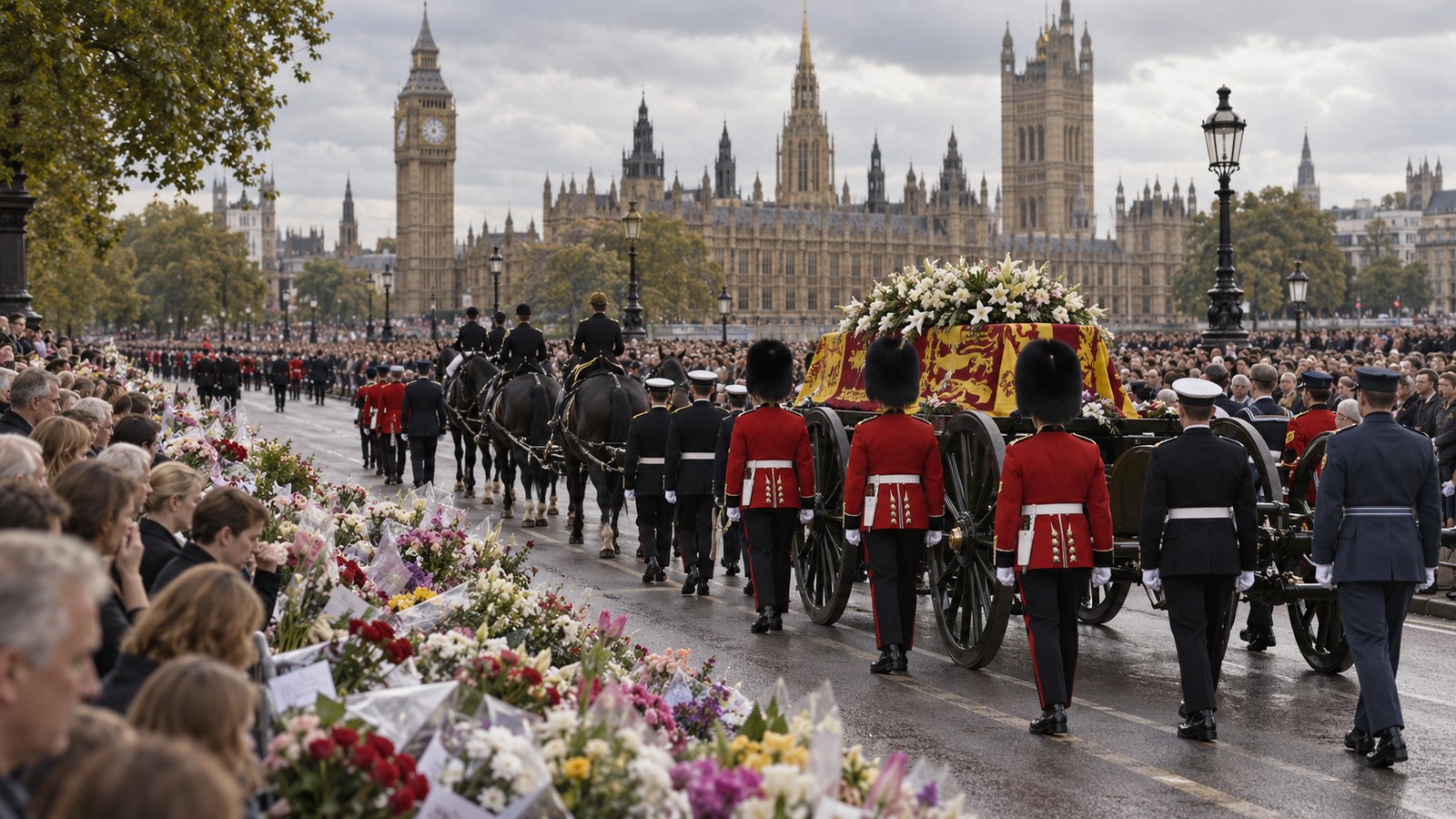 AI reconstruction of mourners lining London streets during Princess Diana's funeral in 1997